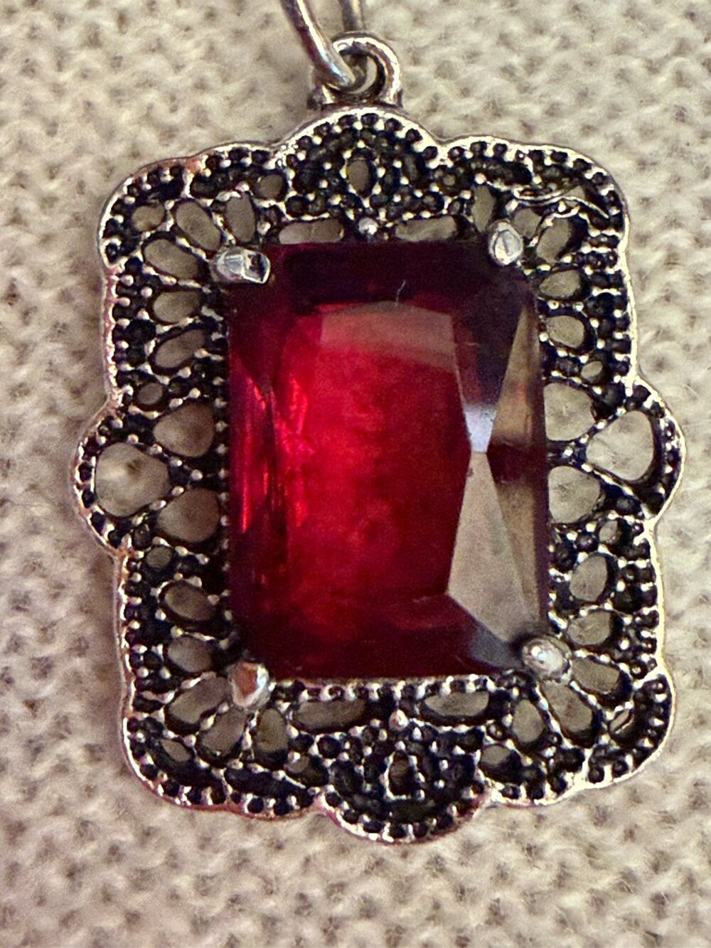 Red Glass Pendant Necklace Silver Tone Art Deco Style